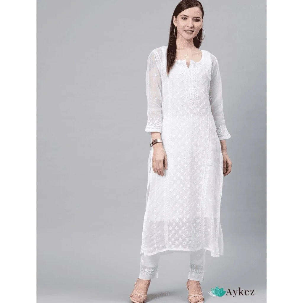 Hand Embroidered White Kota Chikankari Kurta Set with Slip 9 Kota Chikankari Kurta