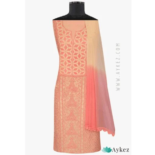 Hand Embroidered Coral Pink/Fawn Cotton Best Lucknowi Chikan Unstitched Suit Piece-KKCK27 17 Kota Chikankari Kurta
