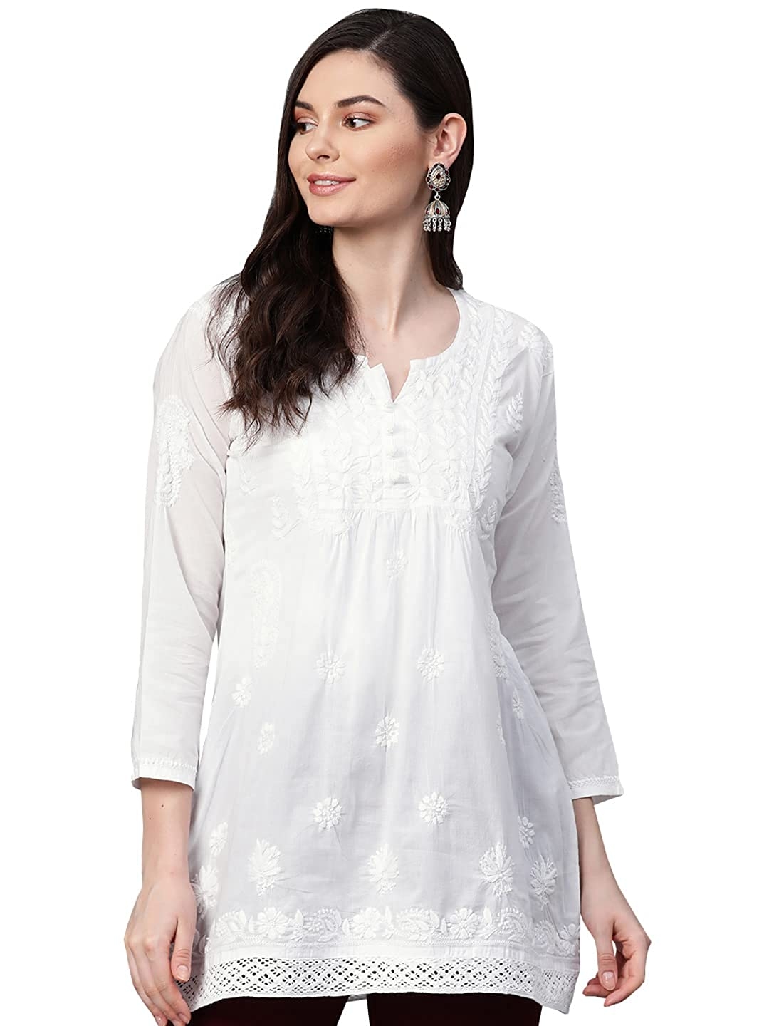 Buy Light Green & White Gala Boti Lucknowi Chikankari Casual Cotton Kurti  Online at Kiko Clothing