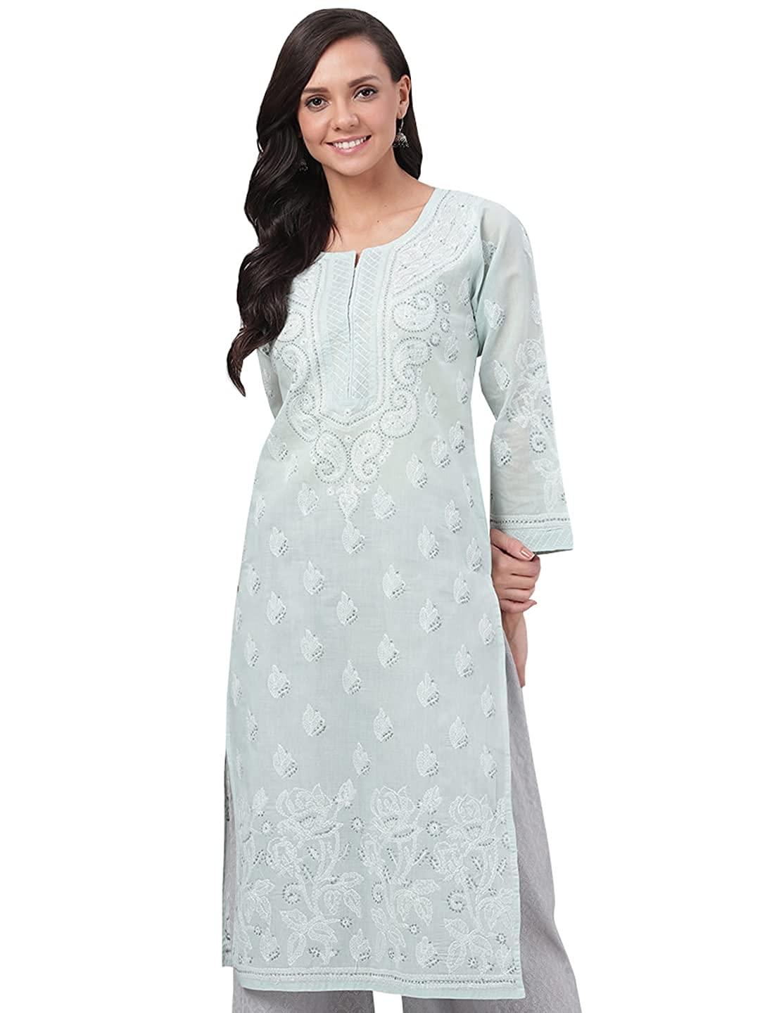 Lucknowi Chikankari Blue Cotton Kurti For Womens |Cotton Chikan Kurti For  Girls | eBay