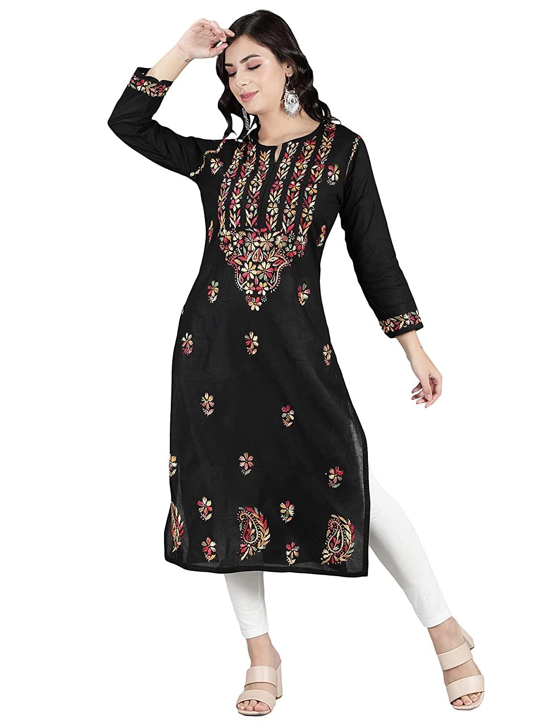 Lucknowi Chikankari Black Cotton Kurti For Womens Cotton Chikan Kurti For  Girls | eBay