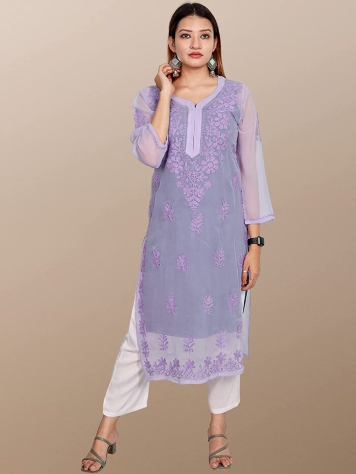 Ada Hand Embroidered Lavender Georgette Lucknowi Chikankari Indian Women  Straight Short Kurti - A911261 - Ada - 4060391