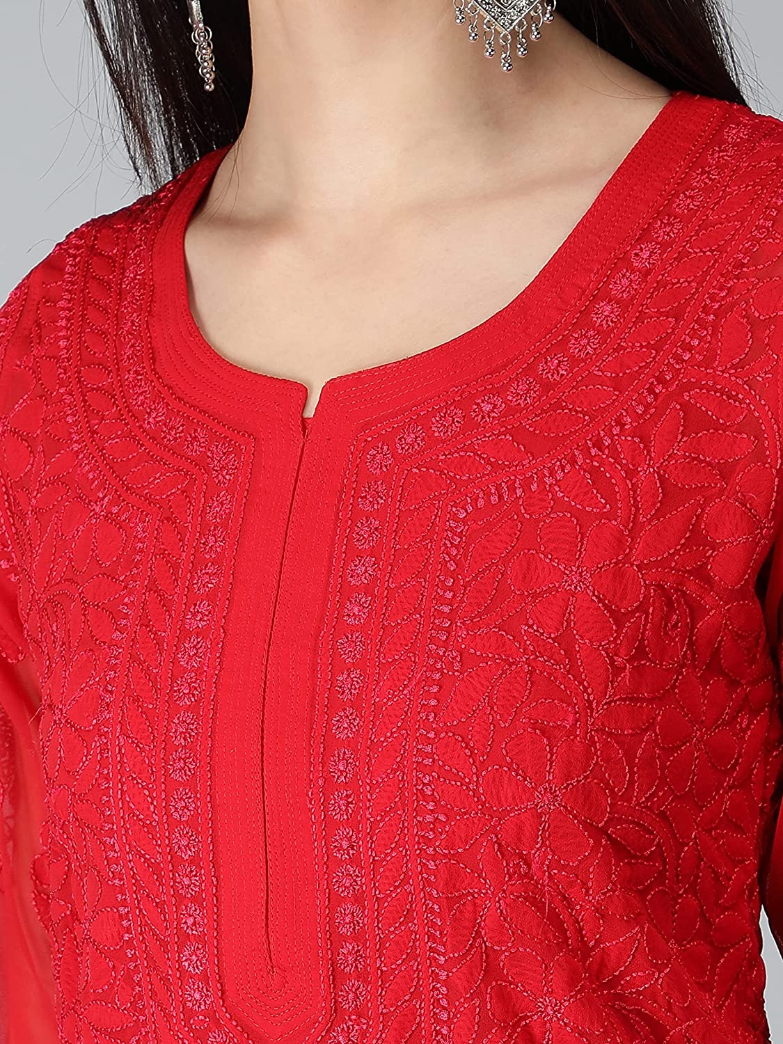 Chikan embroidery red straight kurti