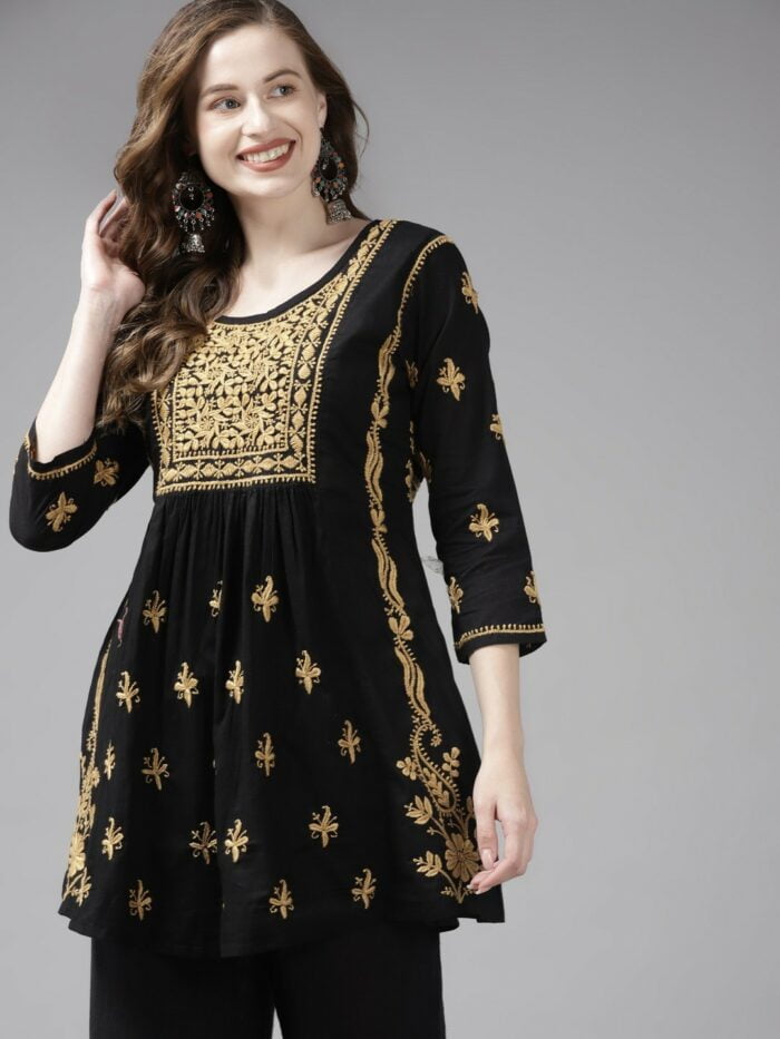 Hand Embroidered Black New Cotton Lucknowi Chikankari Kurti KKCK29 - Image 2